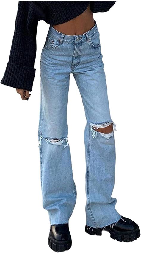 Cicuny Fashion Jeans For Women Stretch Wide Leg Ripped High Waisted