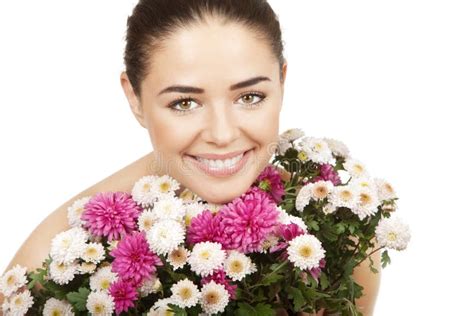 Brunette Woman Holding Bouquet Of Flowers Stock Image Image Of Copy Hands 32806747