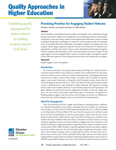 Pdf Promising Practices For Engaging Student Veterans Michael