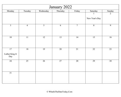 January 2022 Editable Calendar Whatisthedatetodaycom