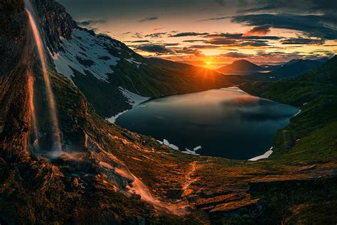 Sonnenuntergang Sonnenaufgang Berge Norwegen Nord See Hd