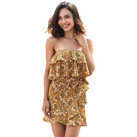 2018 Women Ruffles Dress Summer Floral Printed Dress Strapless Slim