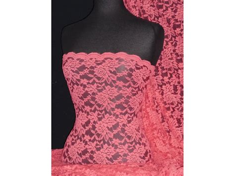Lace Rose Design Scalloped 4 Way Stretch Lace Fabric- Coral Q723 CRL