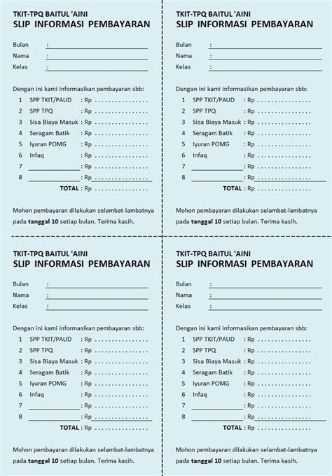 Pembuatan slip gaji guru swasta sama dengan pembuatan slip gaji guru manapun.rincian jumlah nominal gaji berisi tunjangan kesejahteraan jika ada, tunjangan mengajar, tunjangan jabatan semisal kepala sekolah, wali kelas, pembina ekstrakulikuler dan sebagainya. TKIT-TPQ BAITUL 'AINI: Slip Informasi Tagihan Pembayaran ...