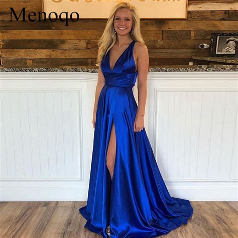 Elegant Royal Blue Evening Dresses 2019 Sexy V Neck High Slit Criss