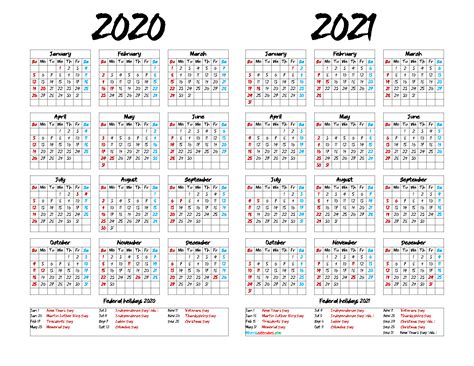 2020 And 2021 Calendar Printable With Holidays 9 Templates