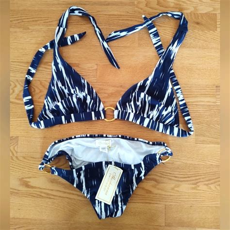 Shoshanna Swim Shoshanna Swimwear Navy White Bikini Size Large 34d