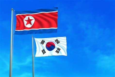 Premium Photo North And South Korea Flags On The Blue Sky Background