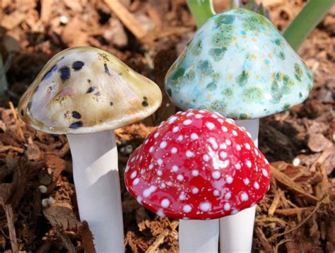 Set of 3 toadstool garden ornament ceramic mushrooms small medium large. Ceramic mushrooms ~ garden or house plant decoration. Set ...