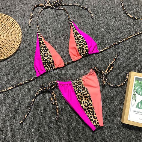 2019 Sexy Leopard Patchwork Sling Tie Halter Thong Micro Bikini Sets