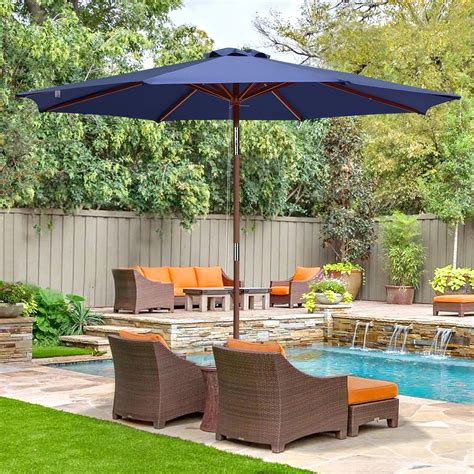 9ft Wooden Patio Umbrella 8 Ribs Garden Beach Pool Resort Tilt Parasol