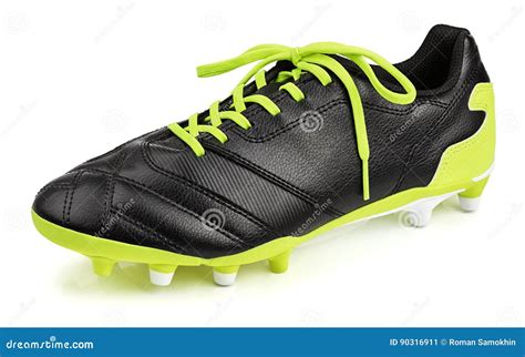 Black Leather Football Shoe Or Soccer Boot Isolated On White Stock