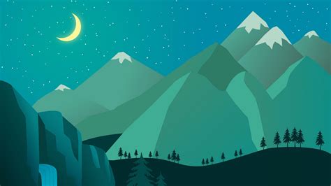 Waterfall Mountains Trees Moon Starry Sky Background Minimalism Hd