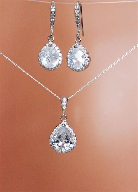 Cubic Zirconia Crystal Drop Wedding Earrings And Necklace Set Bridal