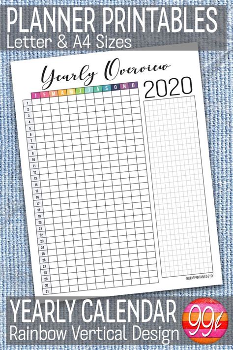2020 Yearly Calendar 85x11 A4 Printable Vertical Etsy Planner