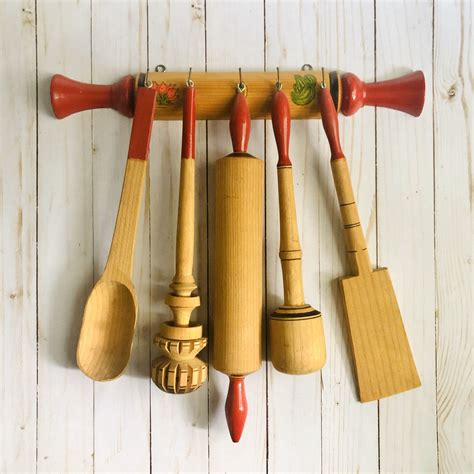 Vintage Wooden Rolling Pin Utensil Holder Wall Decor Set With Etsy