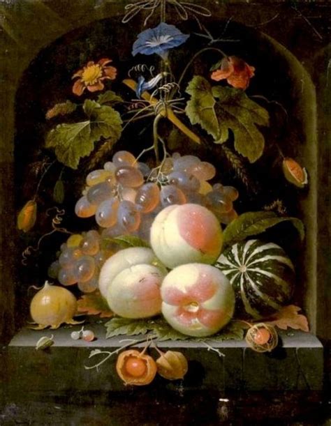 Still Life Of Fruits And Flowers With Grapes Peachesmelonscorn Poppy