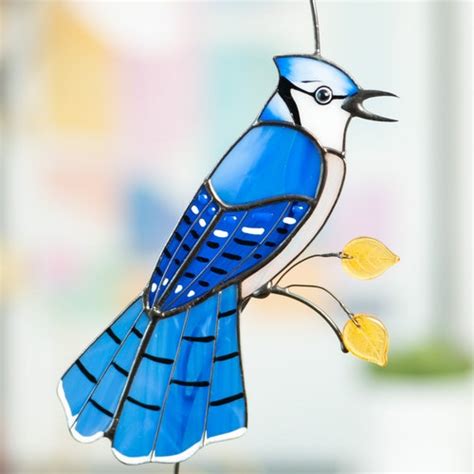 Blue Jay Stained Glass Bird Suncatcher Christmas Ts Etsy