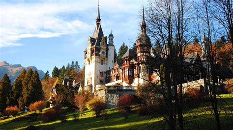 Wondrous Peles Castle In Romania Trees Grass Castle Hill Towers Hd