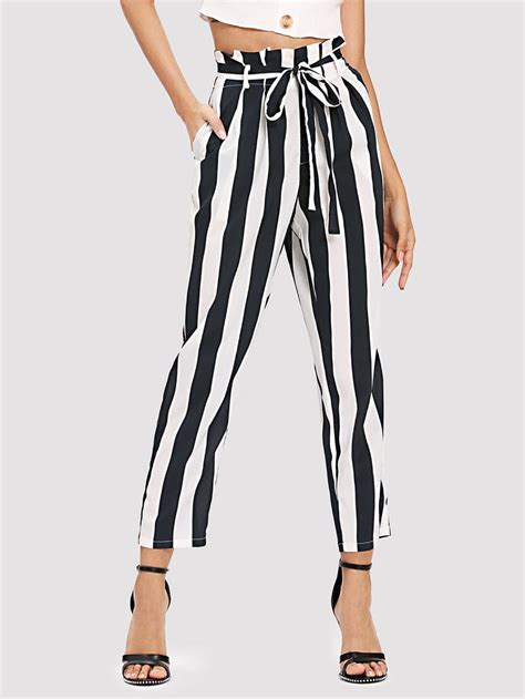 Frill Trim Waist Striped Tapered Pants Tapered Pants Casual Stripes