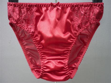 Vintage Nylon Panties Sissy Sheer Lace Hi Cut Briefs Knickers Red Size