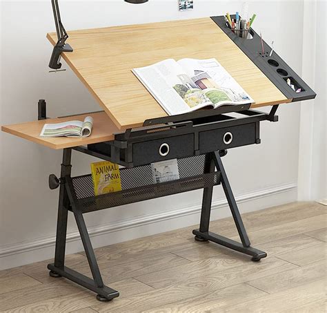 Buy Drafting Table Height Adjustable Art Desk With Drawers Wooden