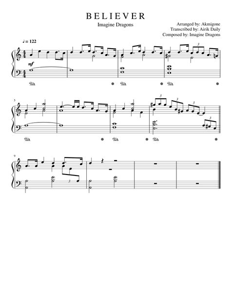 All practice mp3 files are supplied with every arrangement this arrangement consists of a professional backtrack recording: Imagine Dragons - Believer Transcription / Akmigone5% Sheet music for Piano | Download free ...