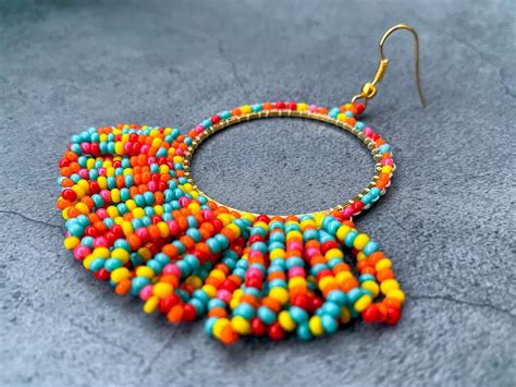 Diy Colorful Beaded Fringe Hoop Earrings Kit Rainbow Earring Etsy