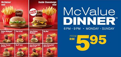 The following are the prices for mcdonald's burgers available as both stand alone sandwiches and meals. Food Street: McDonald's McValue Dinner from RM5.95