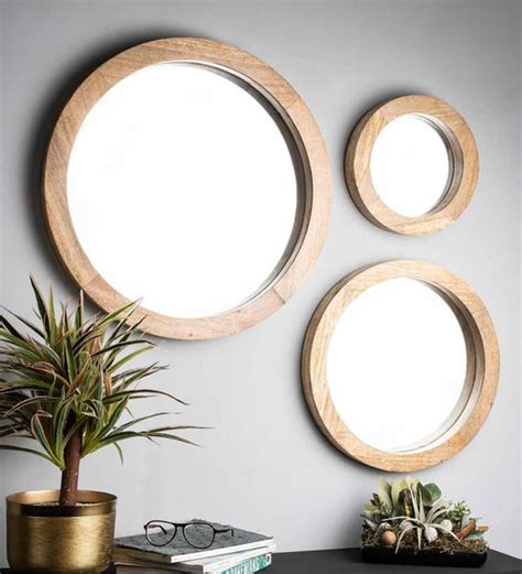 Buy Mango Wood Round Wall Mirror In Brown Colour By Think Artly Online