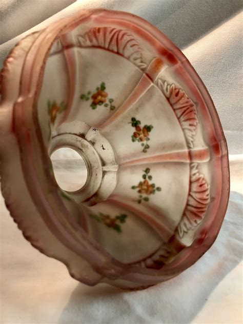Antique Victorian Bell Shaped Frosted Glass Lamp Shade With Delicate Hand Painted Flowers And