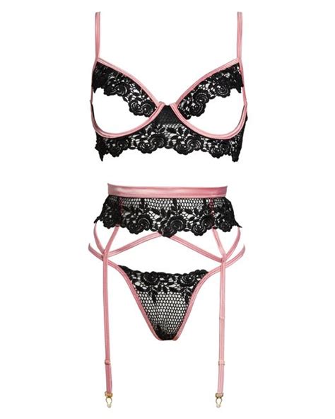 Roma Confidential Open Cup Underwire Bra Thong Garter Belt Set In Black At In Pink Stylemi