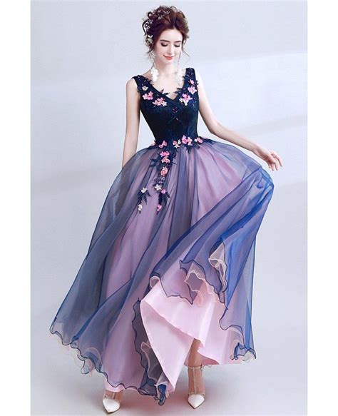 Gorgeous Dark Navy Blue Floral Prom Dress Long With Ballroom Skirt