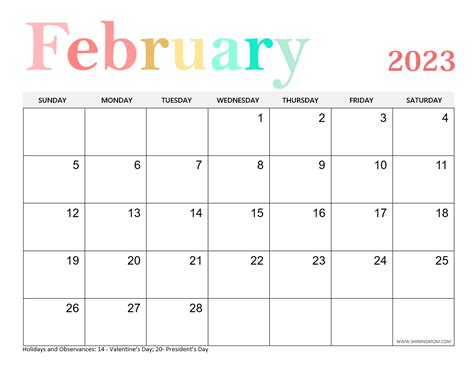 Free Printable February 2023 Calendar With Holidays