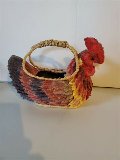 Vintage Rooster Basket~paper Mache And Wicker Feathers Folk Art Americana Rooster Antique Price