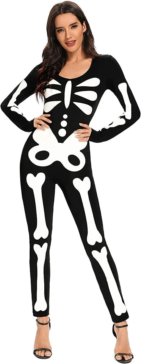 Nellfar Womens Skeleton Costume Halloween Bodysuit With Glow Patterns Adult Glow