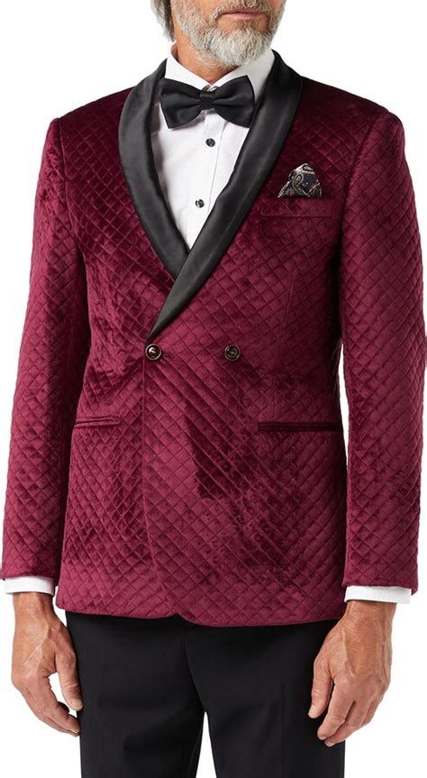 Xposed Mens Quilted Velvet Tuxedo Jacket Double Breasted Tailored Fit