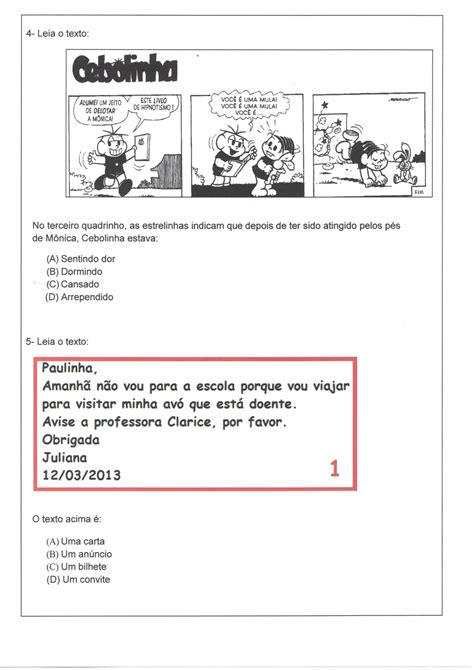 Avaliação De Língua Portuguesa 1 Interpretação De Tirinha · Alfabetização Blog