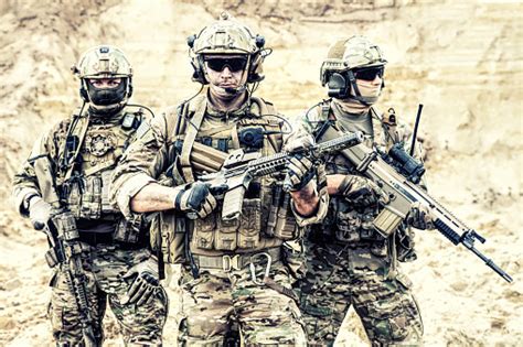 Equipped Elite Forces Soldiers In Combat Readiness Stock Photo