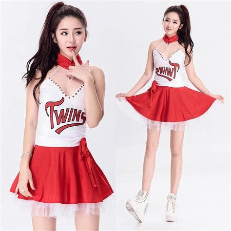 red women sexy cheerleading uniform performance apparels bar show rooters china style lovely