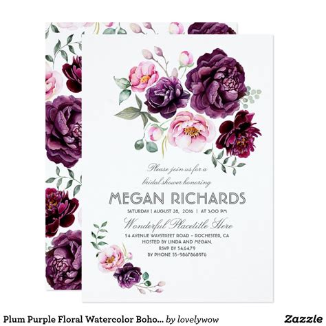 Plum Purple Floral Watercolor Boho Bridal Shower Invitation Zazzle