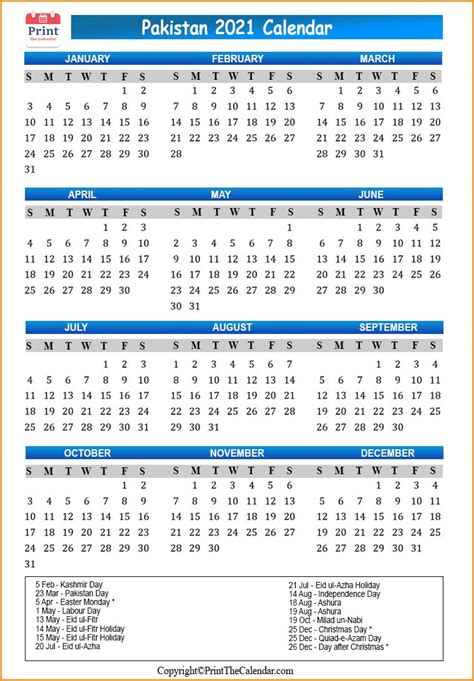 Pakistan Calendar 2021 With Pakistan Public Holidays