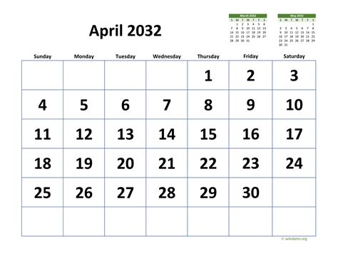 April 2032 Calendar With Extra Large Dates