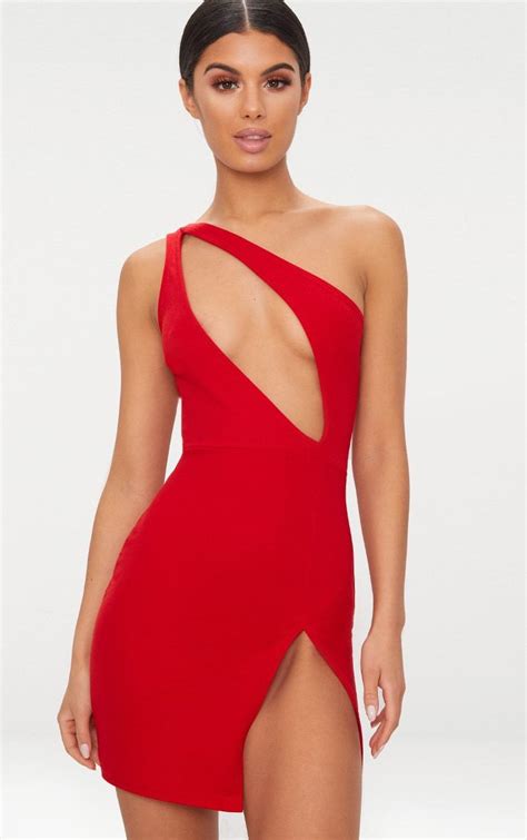 Red One Shoulder Extreme Split Detail Bodycon Dress In Dresses