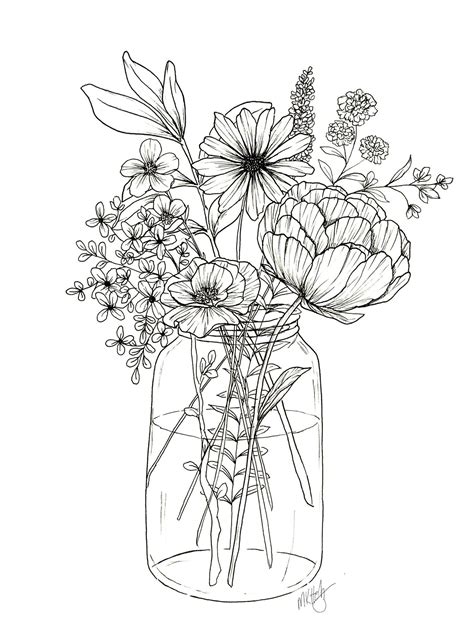Floral Arrangement Coloring Page Flower Art Drawing Flower Line