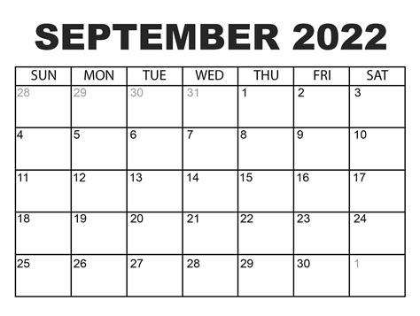 Blank September 2022 Calendar Write Your Important Tasks Holidays