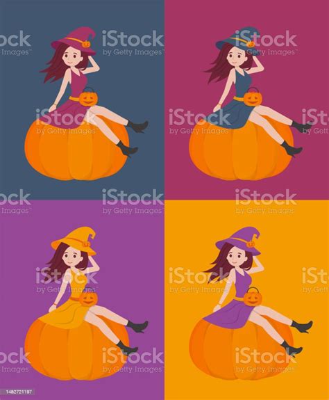 4 Kinds Of Halloween Witch Sitting On A Pumpkin Poster Card Graphic Design Cartoon Comic Vector