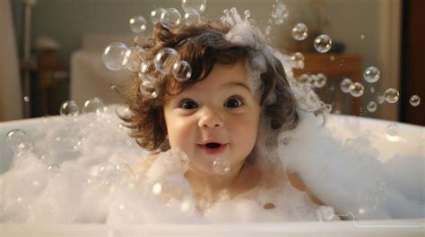 El Niño Se Baña En La Bañera Con Espuma Y Burbujas Hora Feliz Del Baño