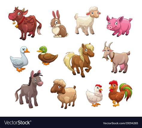 Set Cute Cartoon Farm Animals Royalty Free Vector Image