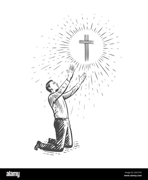 Man Kneeling Praying To God Faith Prayer Concept Sketch Vector